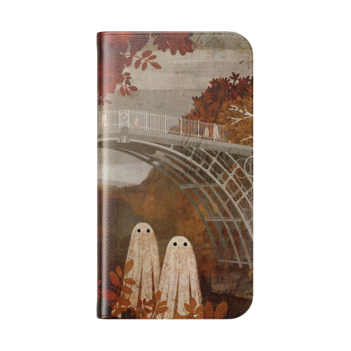 Vintage-style phone case featuring a ghostly autumn landscape with a haunted bridge - Folded Back