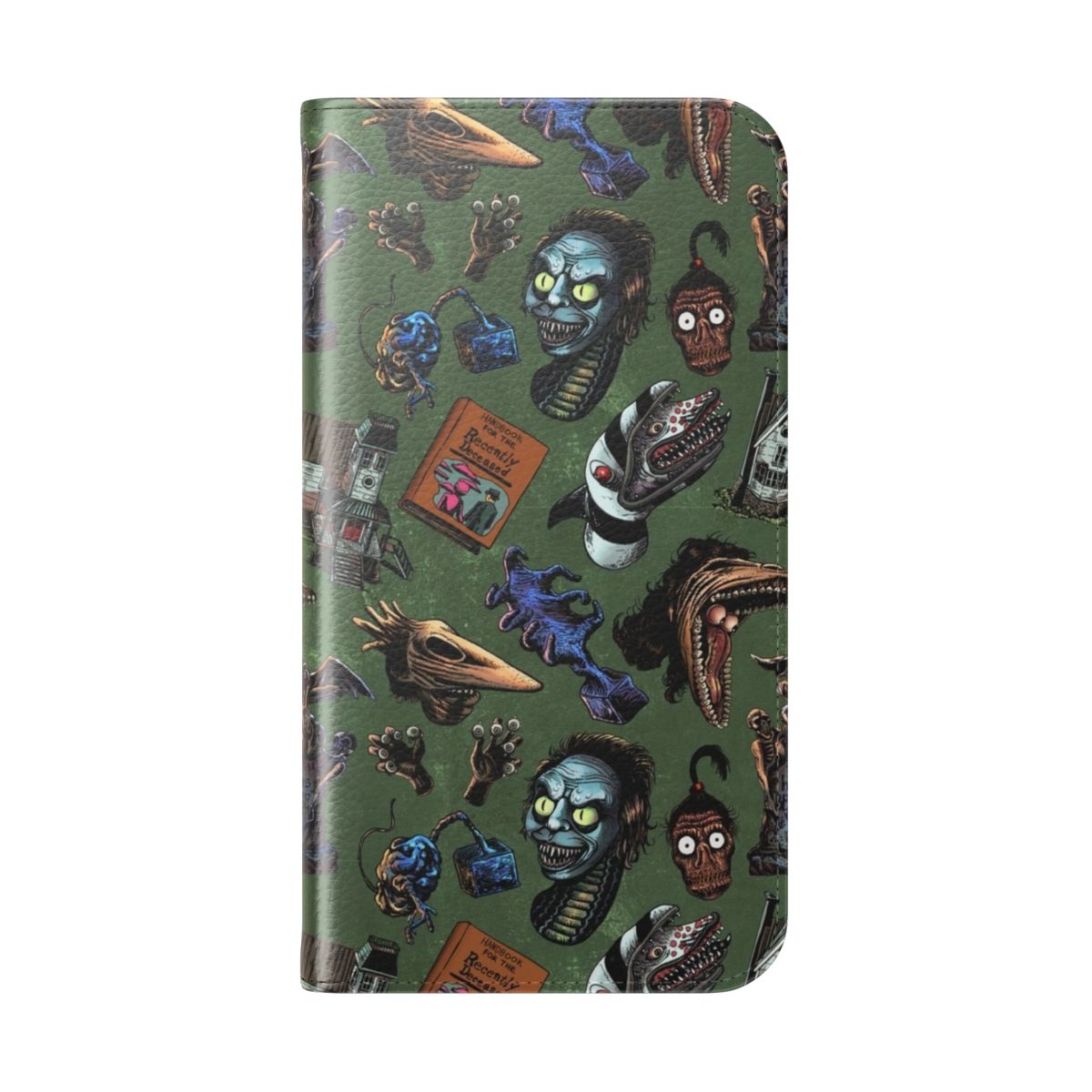 A green flip cover phone case featuring a seamless pattern inspired by the movie Beetlejuice. - Folded Back