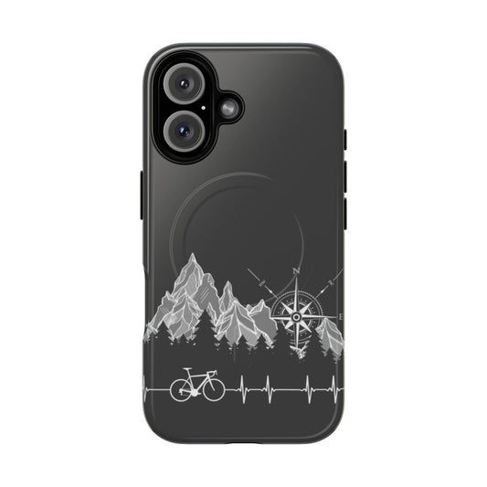 Durable, magnetic cycling-inspired phone case with icons like heartbeat, bike, mountains, and compass.