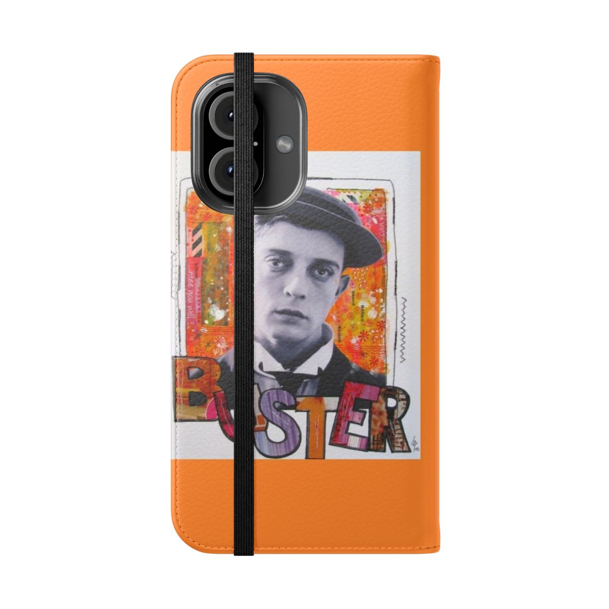 Vintage-style phone case featuring a collage design inspired by the silent film actor Buster Keaton - Folded Front