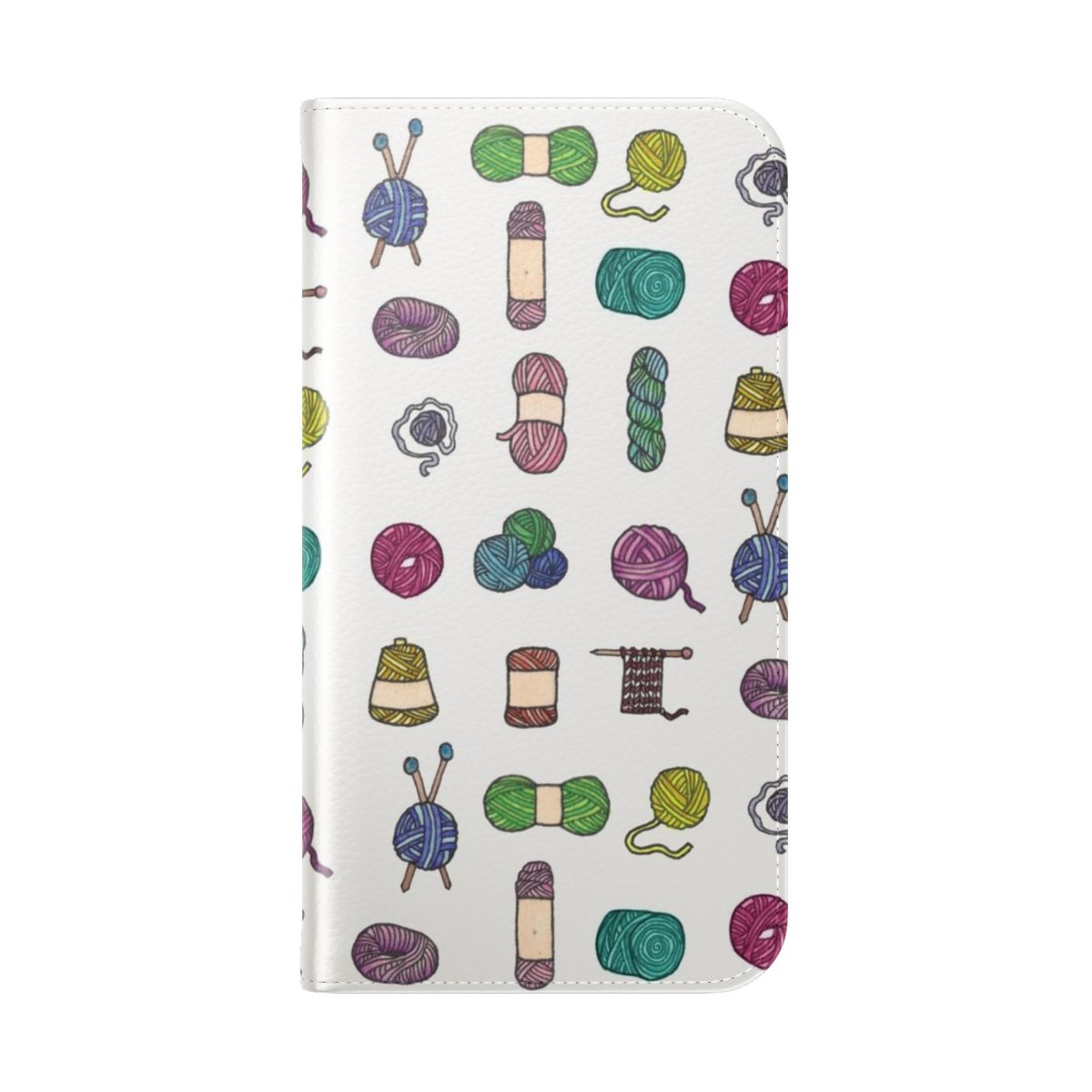 Watercolor illustration of knitting yarn balls on a flip cover phone case. - Folded Back