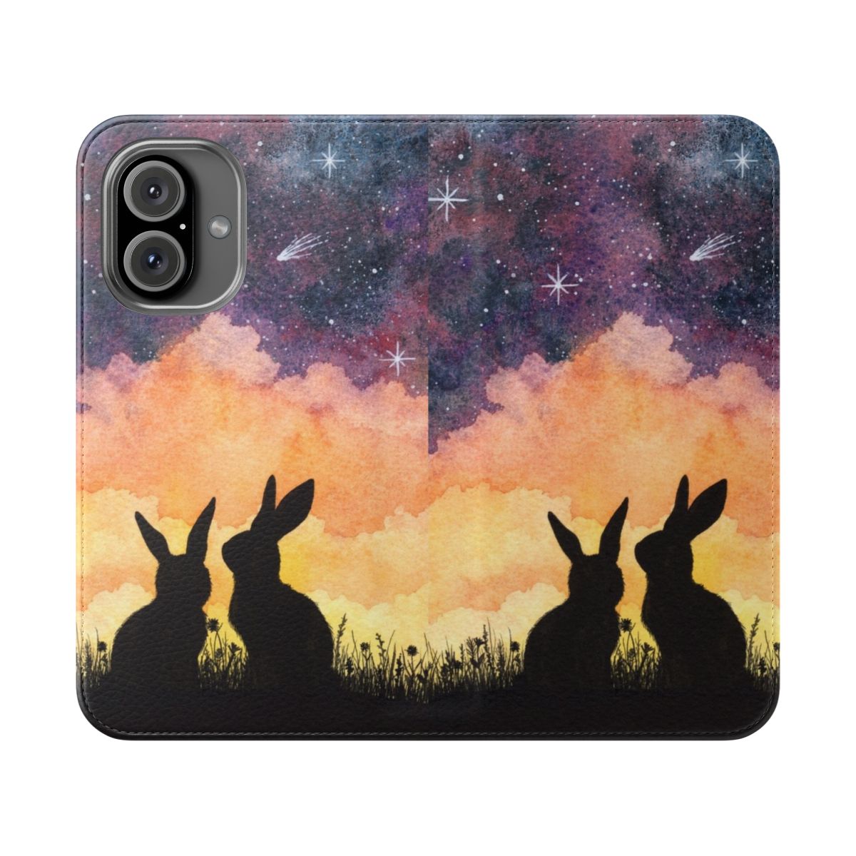 Watercolor illustration of a rabbit or bunny silhouette against a starry, cosmic background on a flip phone case.