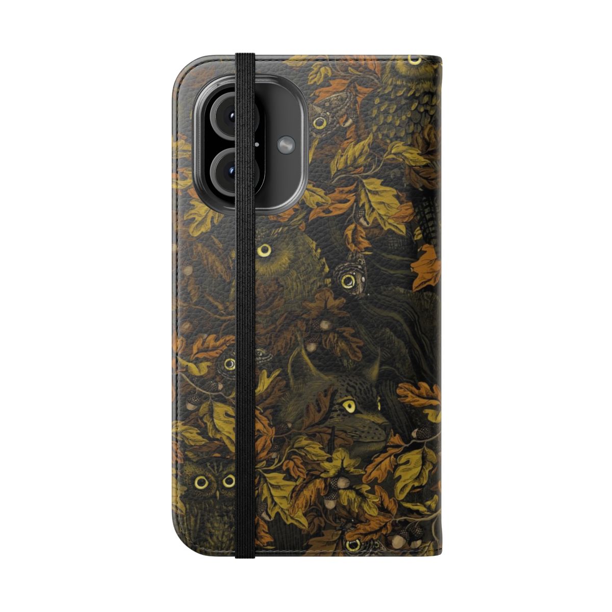 Closeup of a stylish flip phone case featuring a camouflage pattern with autumn leaves, oak, and owls. - Folded Front