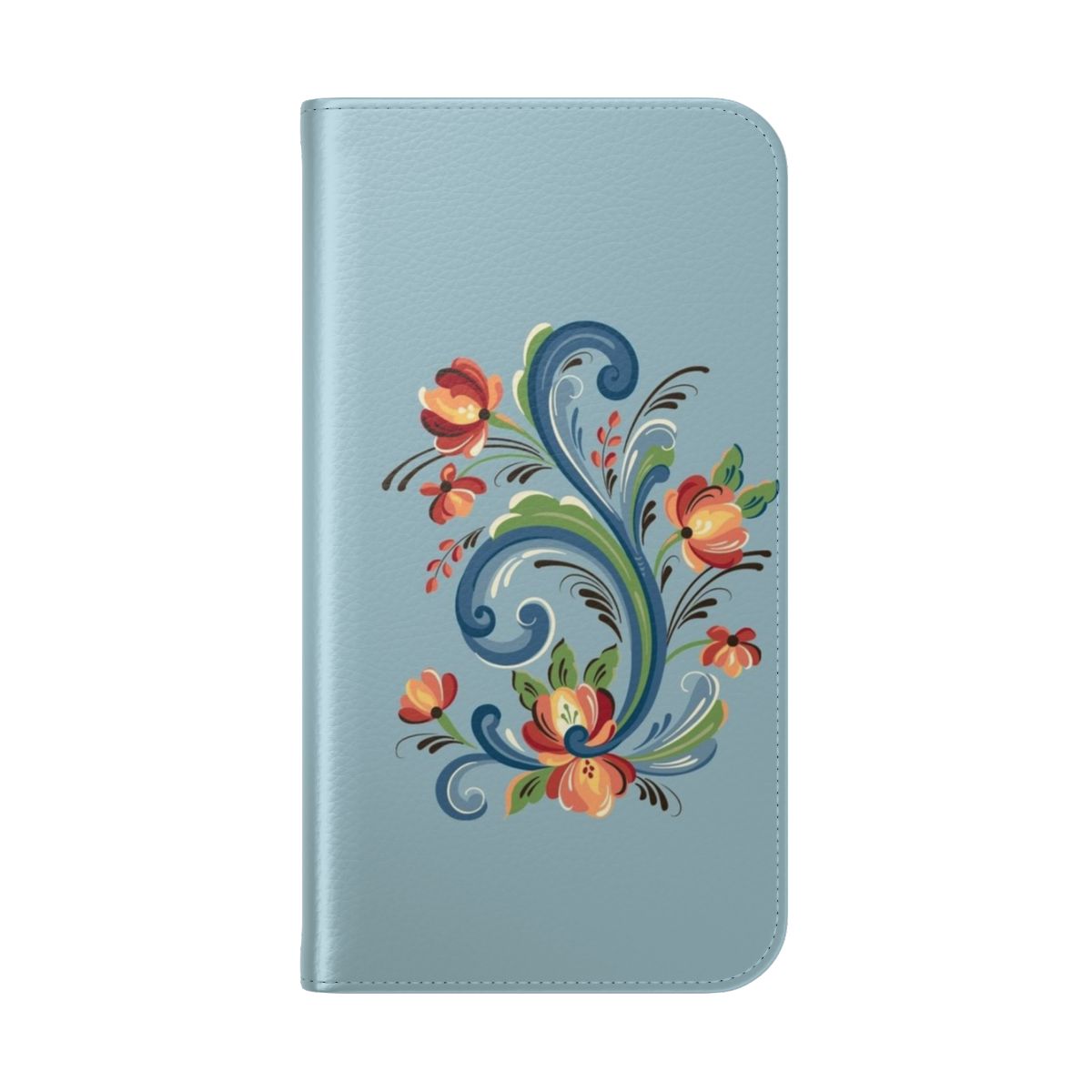 Handcrafted phone case featuring traditional Norwegian rosemaling folk art design - Folded Back