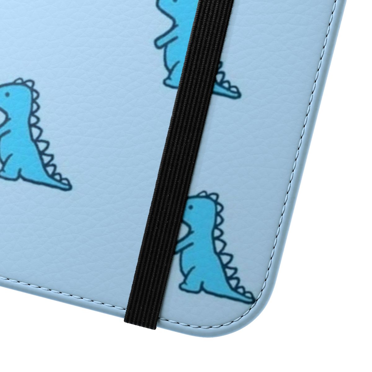 Blue dinosaur print flip cover phone case with a cute, spiky design - Close Up