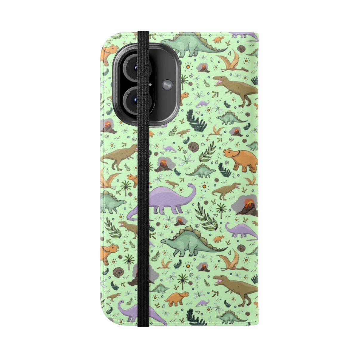 A colorful flip cover phone case featuring a playful dinosaur pattern in shades of green. - Folded Front