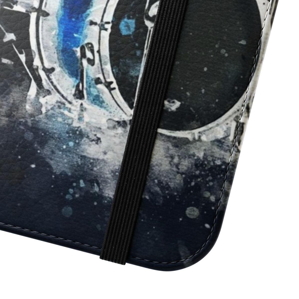 Vibrant flip phone case with a drum kit design, perfect for musicians and music fans. - Close Up