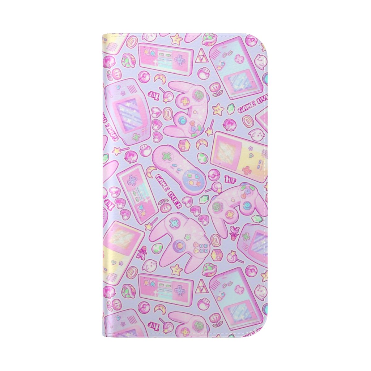 Pastel-colored flip phone case with retro gaming and kawaii design - Folded Back