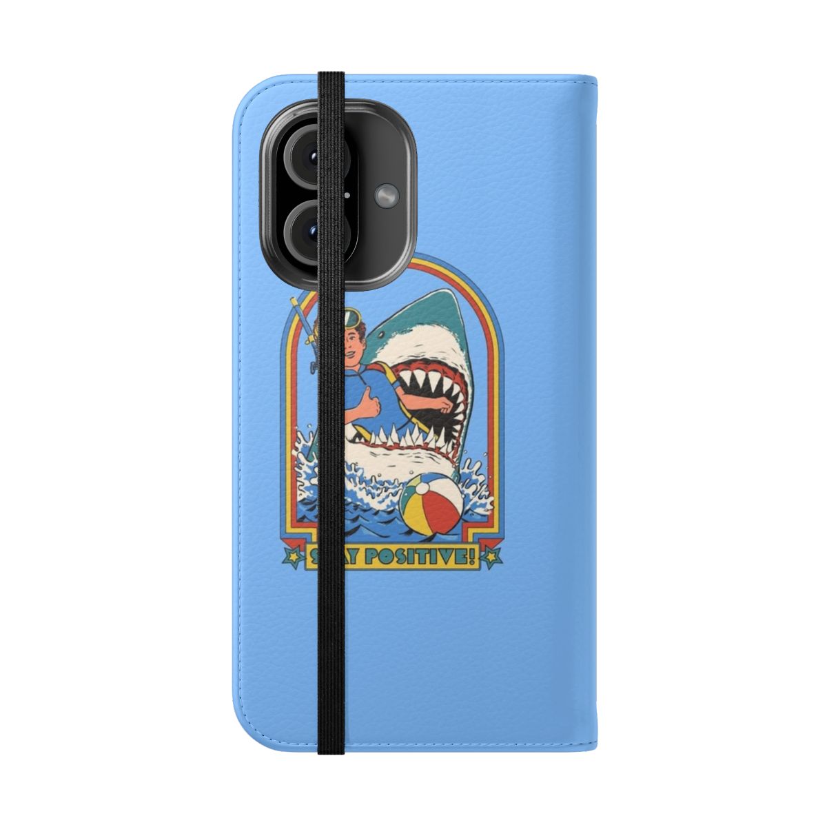 Retro-style flip phone case with a positive, fun shark design - Folded Front