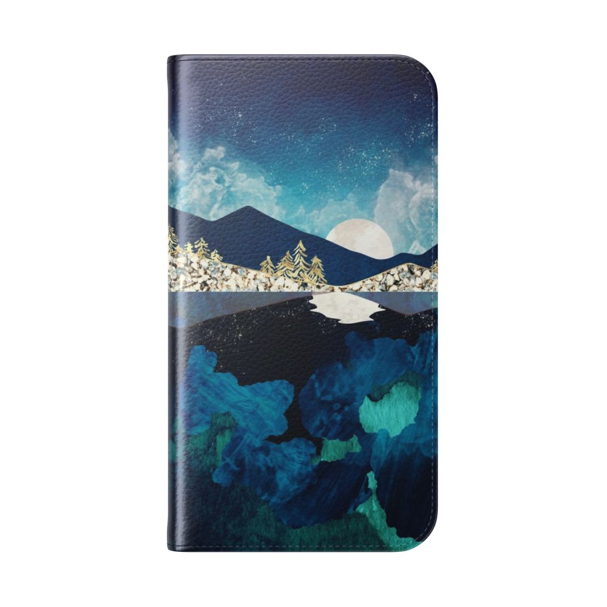 Midnight water flip cover phone case featuring a serene nature landscape design with mountains, trees, and a night sky reflection. - Folded Back