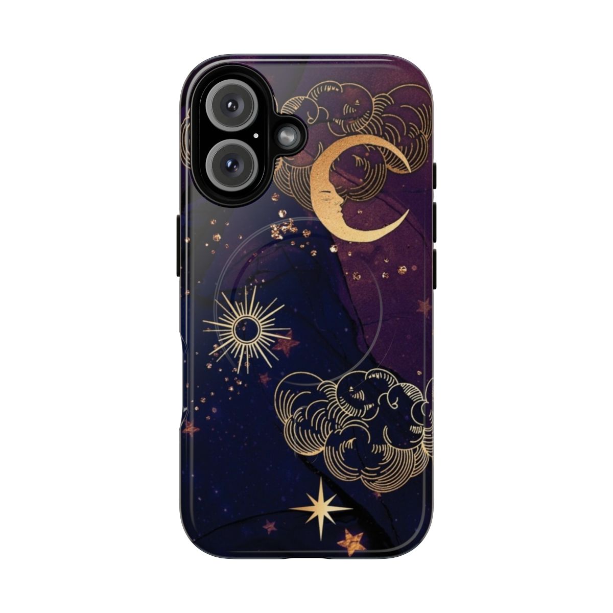 Celestial night sky phone case with purple, moon, and stars design