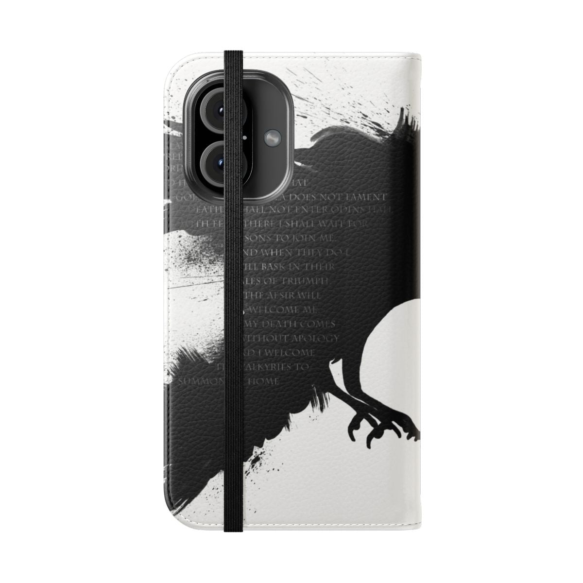 Flip phone case with a black and white design featuring a crow or raven, inspired by Norse mythology and the Vikings. - Folded Front