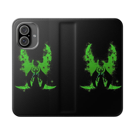 Flip cover phone case featuring a demonic design inspired by the Warcraft universe