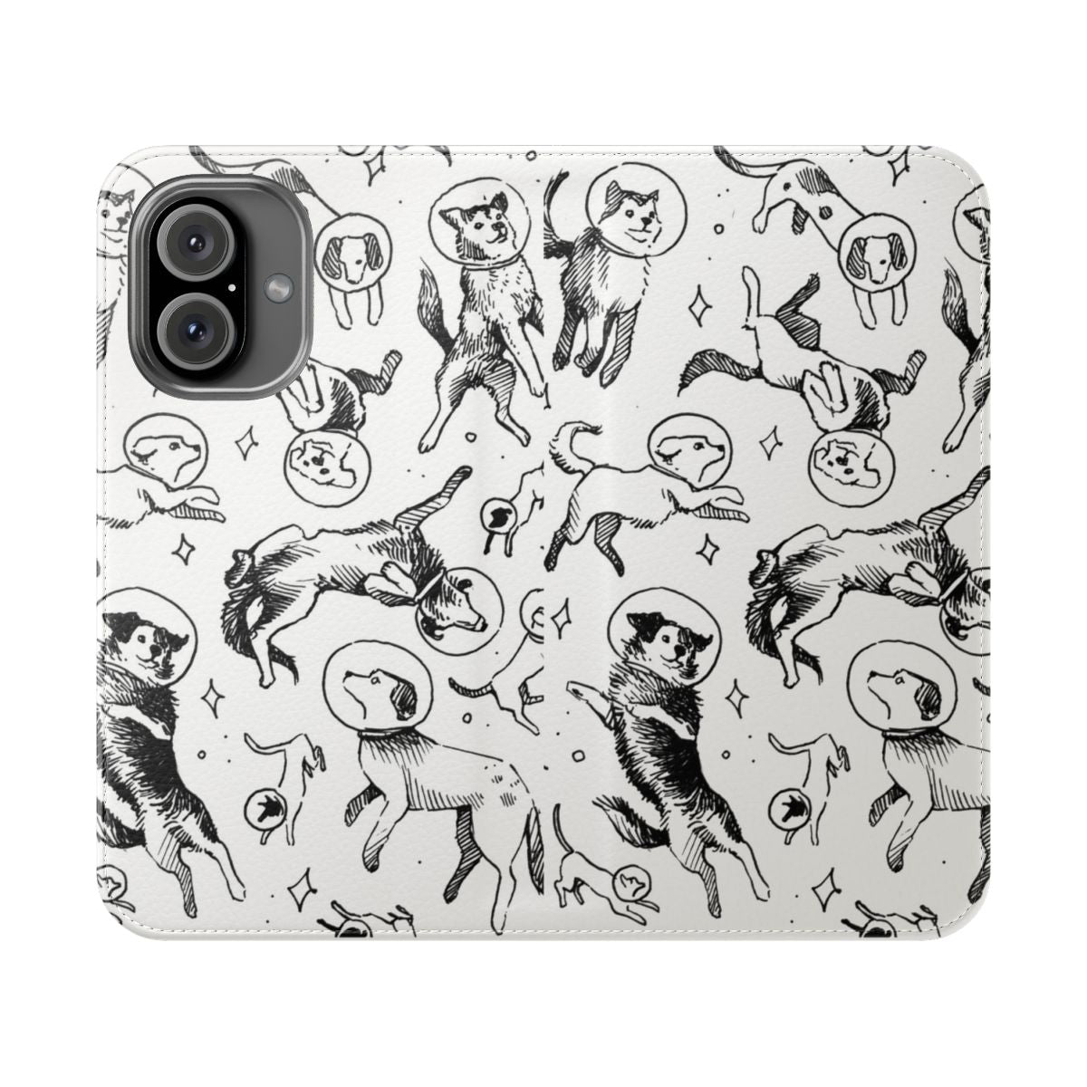 A phone case featuring a playful design of a dog in a space-themed pattern.