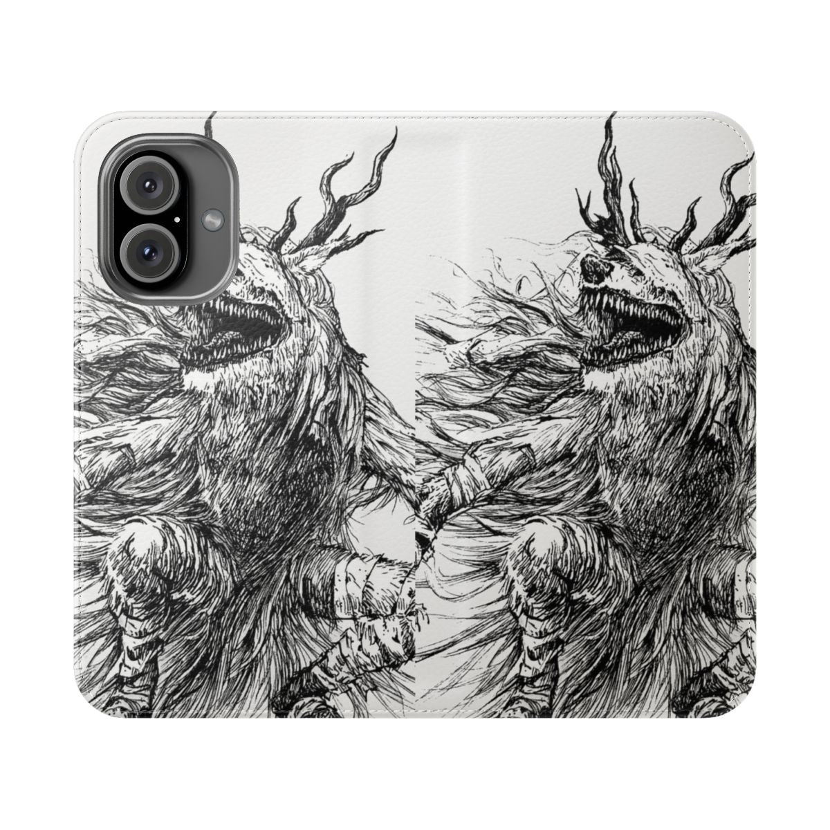 White and black ink phone case design with Bloodborne-inspired elements