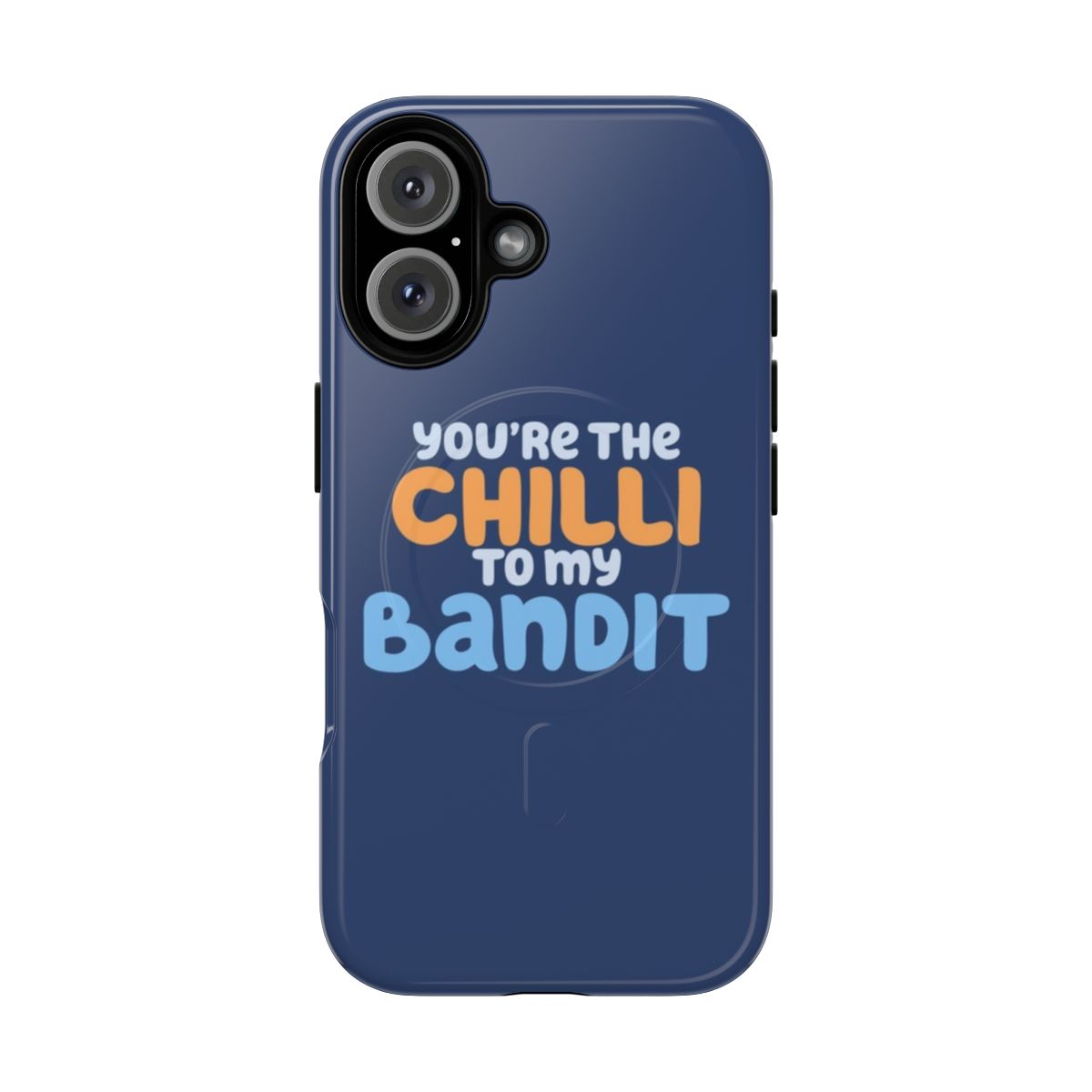 A tough and magnetic phone case featuring a blue heeler dog and the words "I Love Chili"