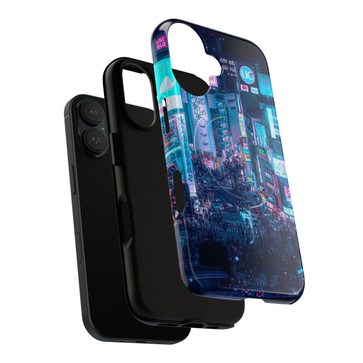 Tough magnetic phone case featuring a gritty, cyberpunk-inspired street scene in Tokyo. - Layers