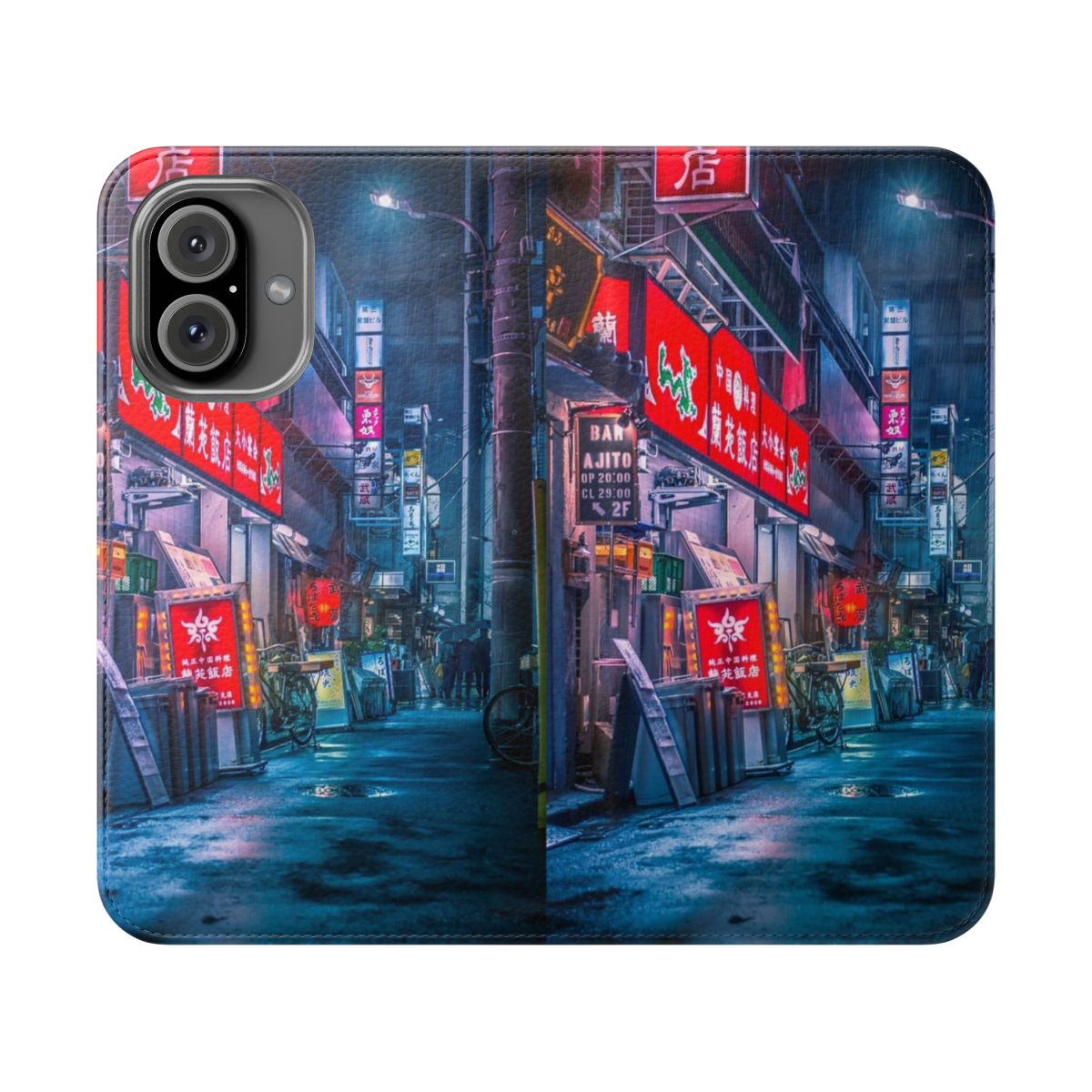 Flip phone case featuring a moody, rainy cityscape of Neo Tokyo with neon lights and a cyberpunk aesthetic.