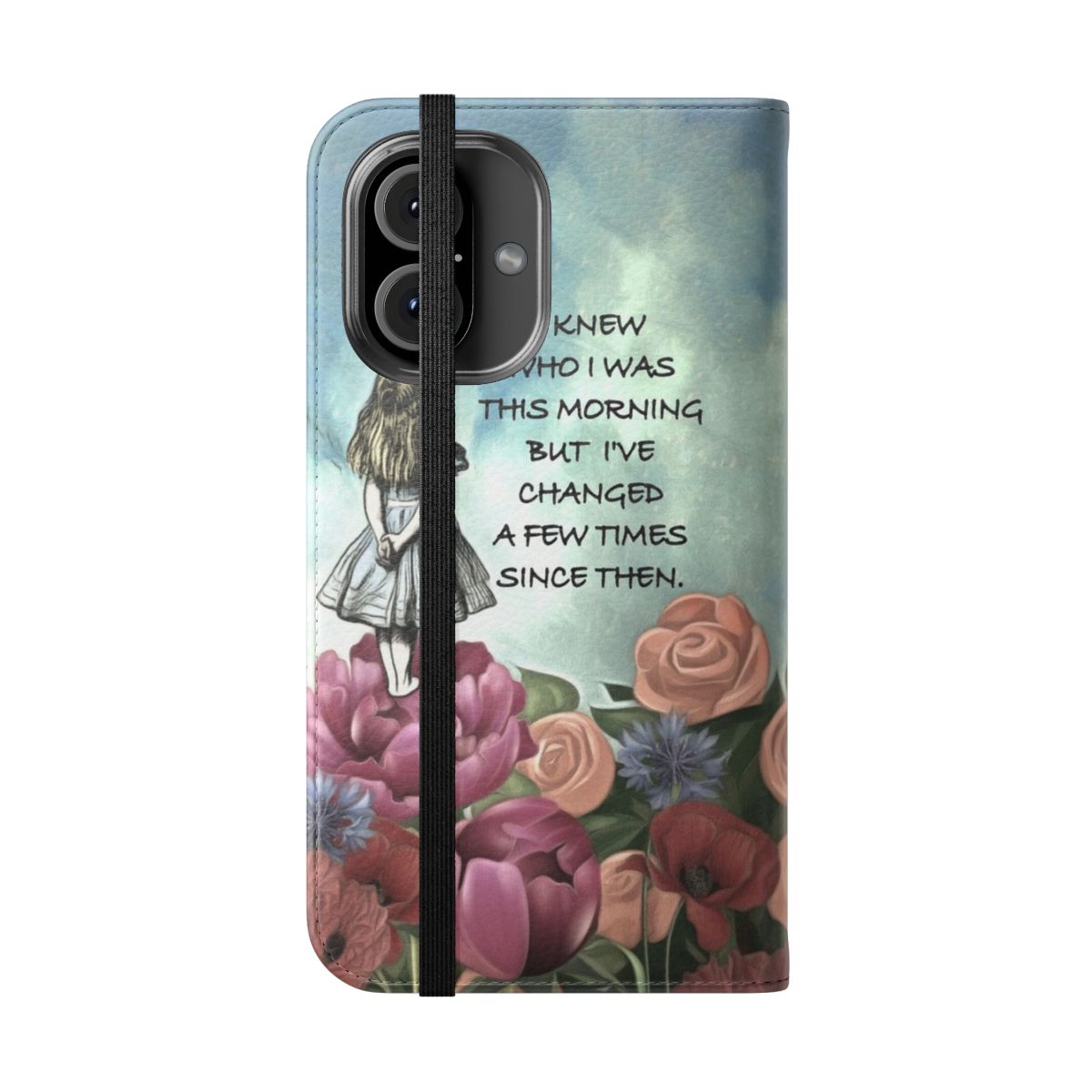 Vintage-style flip cover phone case featuring Alice in Wonderland-inspired design with flowers and quotes. - Folded Front