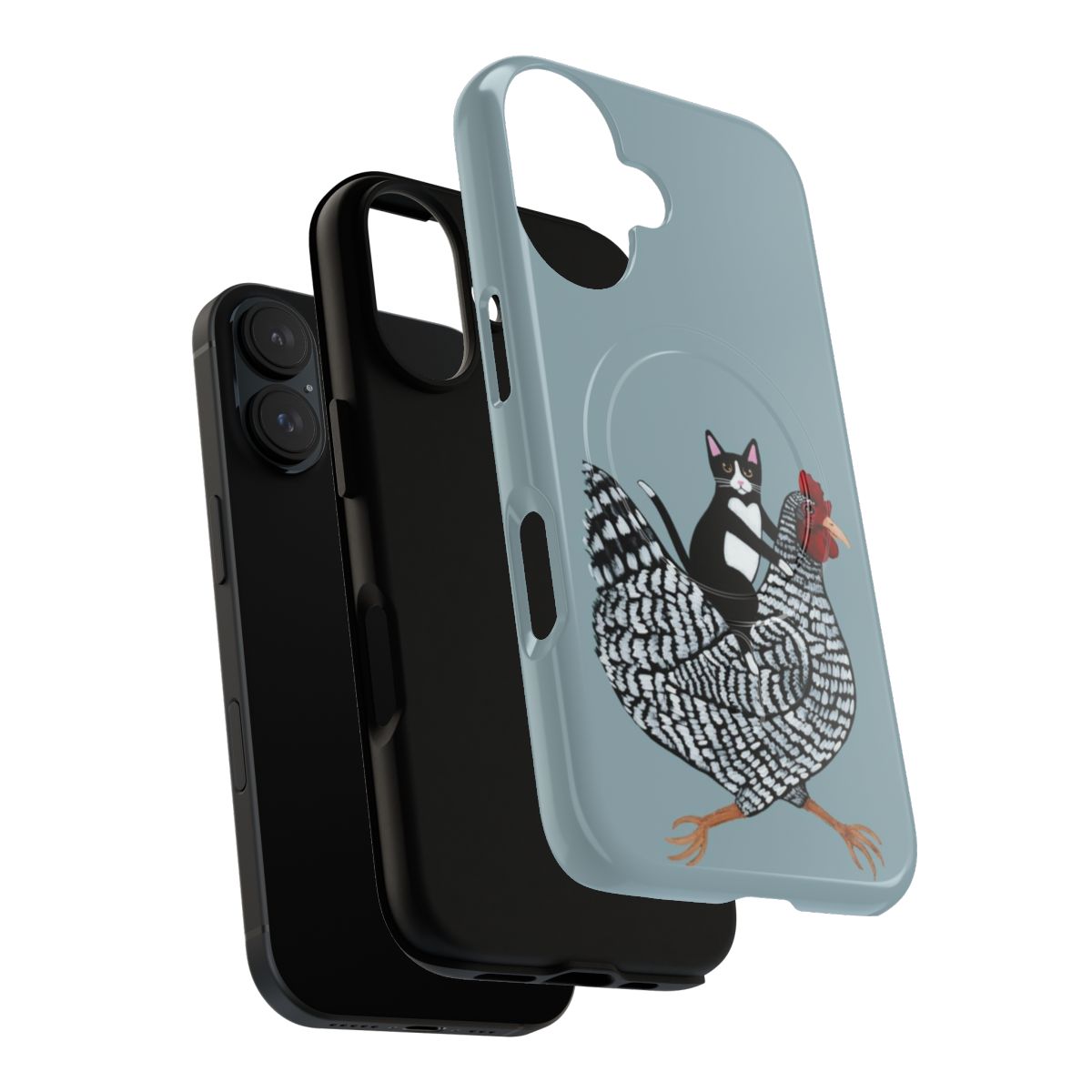 Tuxedo cat riding a chicken on a magnetic tough phone case - Layers