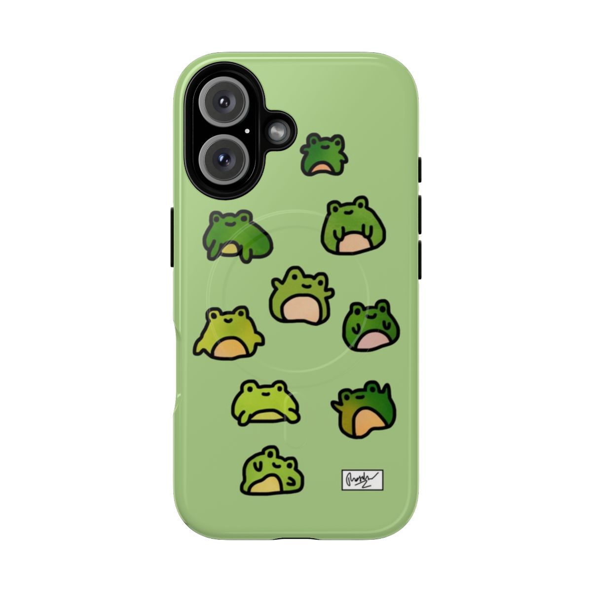 Colorful doodle illustrations of frogs on a protective phone case