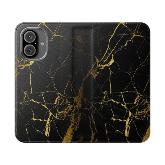 A sleek and stylish phone case featuring a luxurious marble texture with gold glitter highlights.