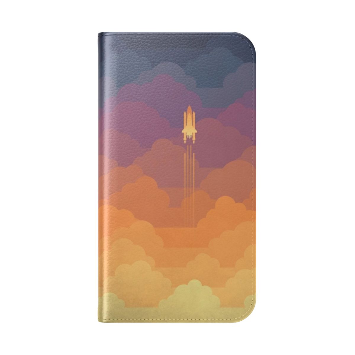 A flip cover phone case featuring an artistic depiction of clouds, planets, and a starry night sky - Folded Back