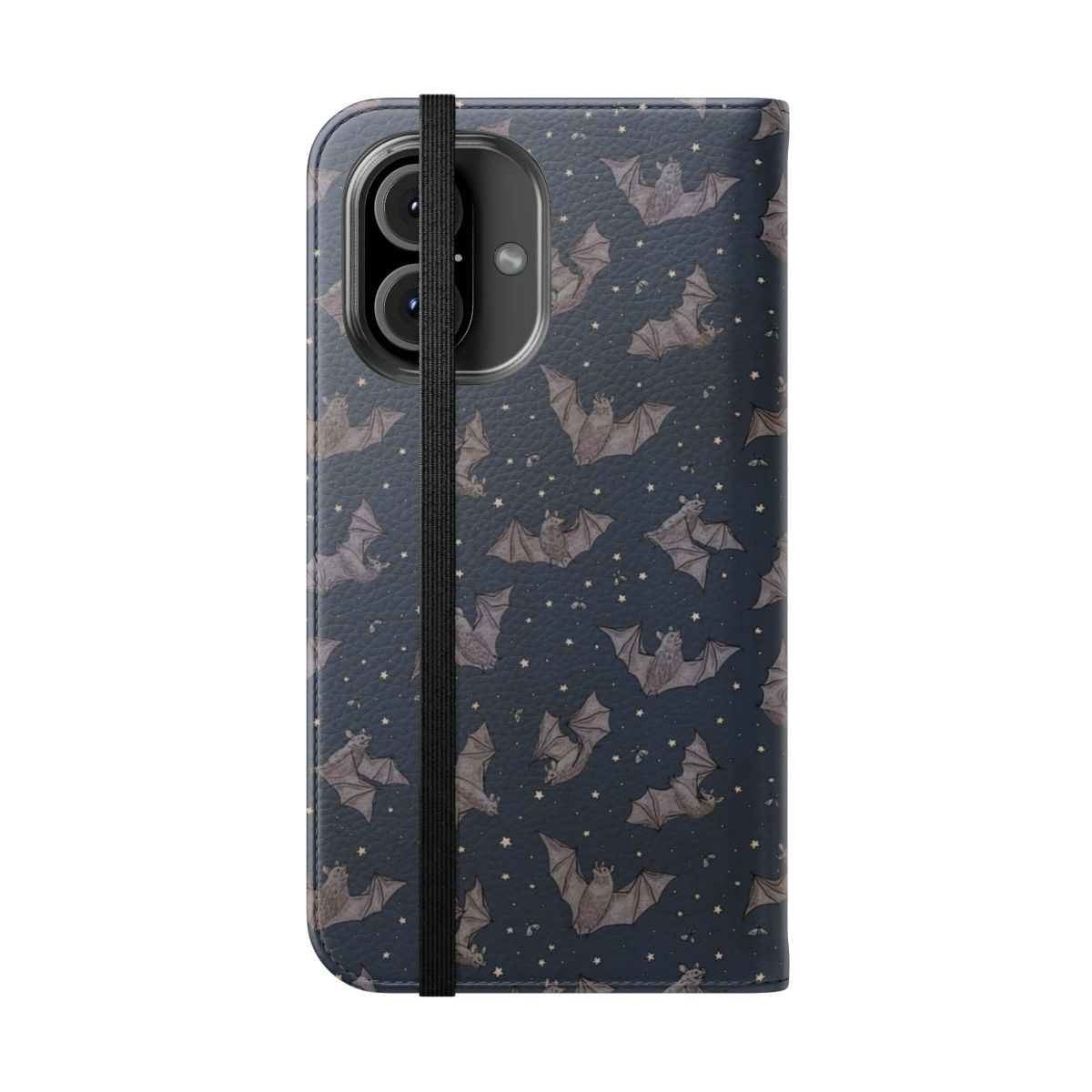 A flip phone case featuring a whimsical design of bats against a starry night sky - Folded Front