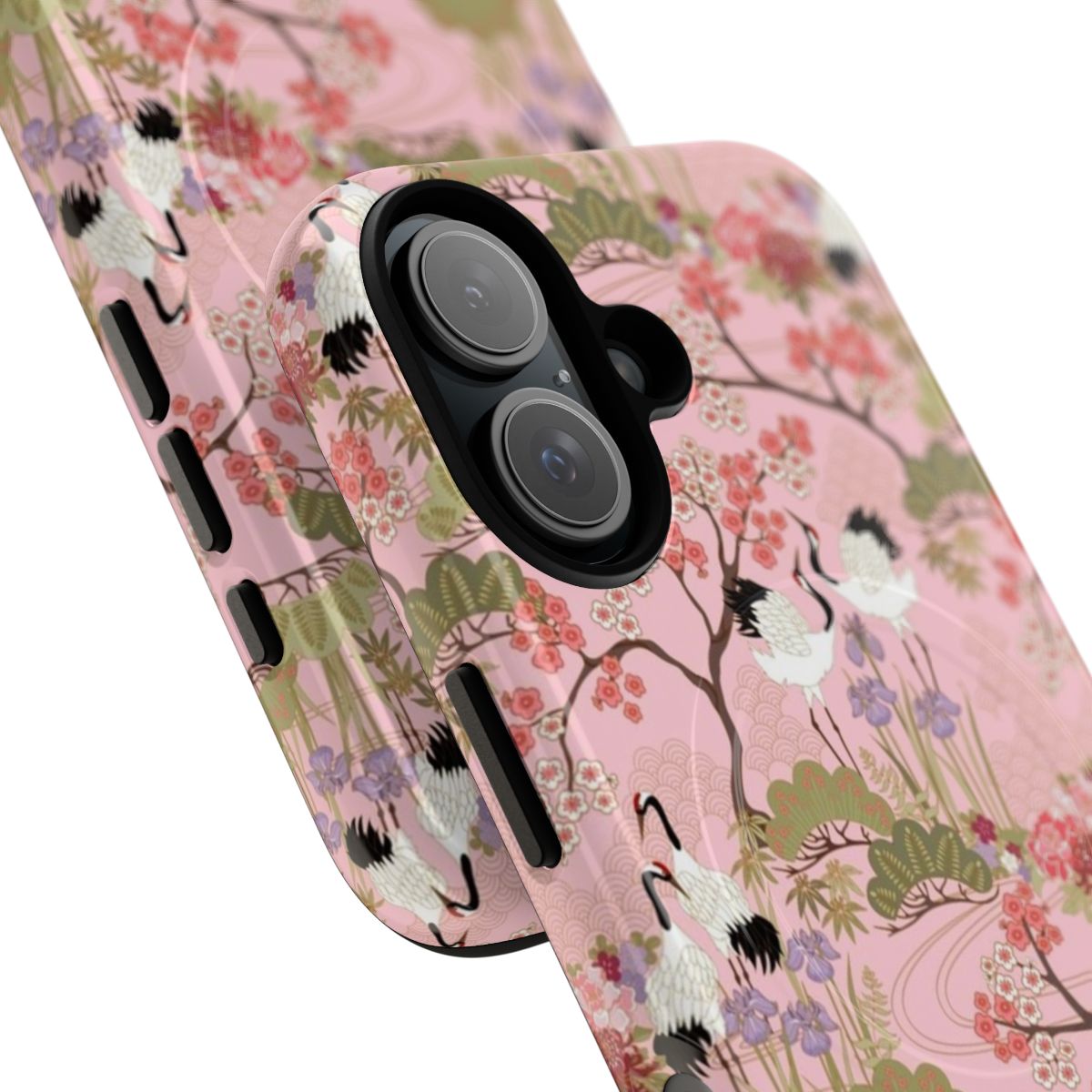 Phone case featuring a beautiful Japanese garden scene with pink flowers, cranes, and floral patterns. - Detail