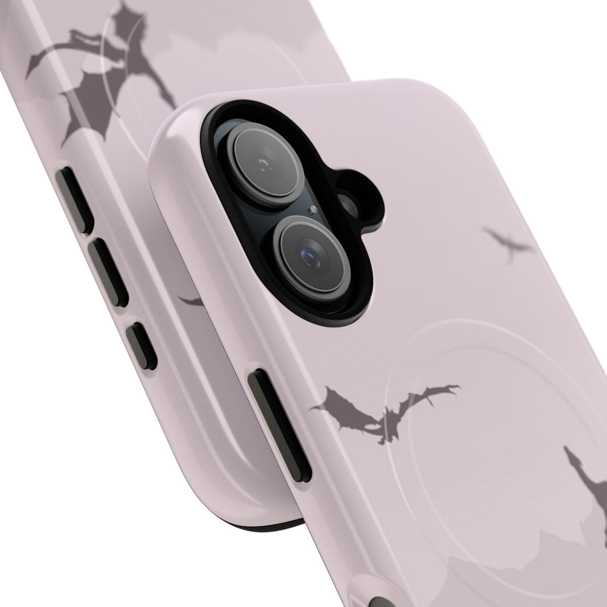 Silhouette art of Daenerys Targaryen's dragon Drogon against a pink and grey landscape on a phone case - Detail