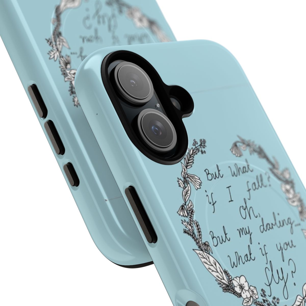 A black and white floral phone case with a Peter Pan-inspired design - Detail