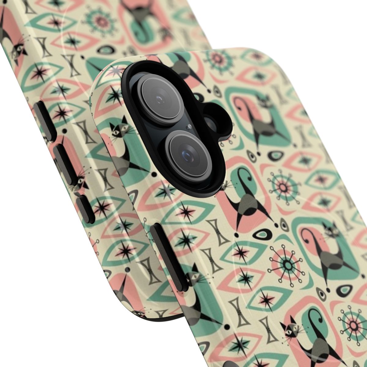 Geometric and abstract cat phone case in retro 1950s style colors and patterns. - Detail