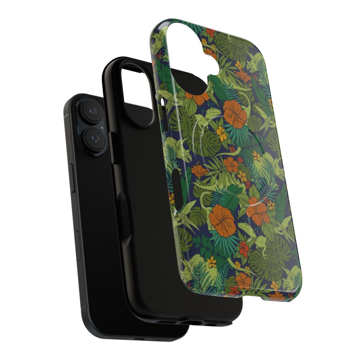 Vibrant dinosaur and tropical floral pattern phone case with a magnetic closure and tough construction. - Layers