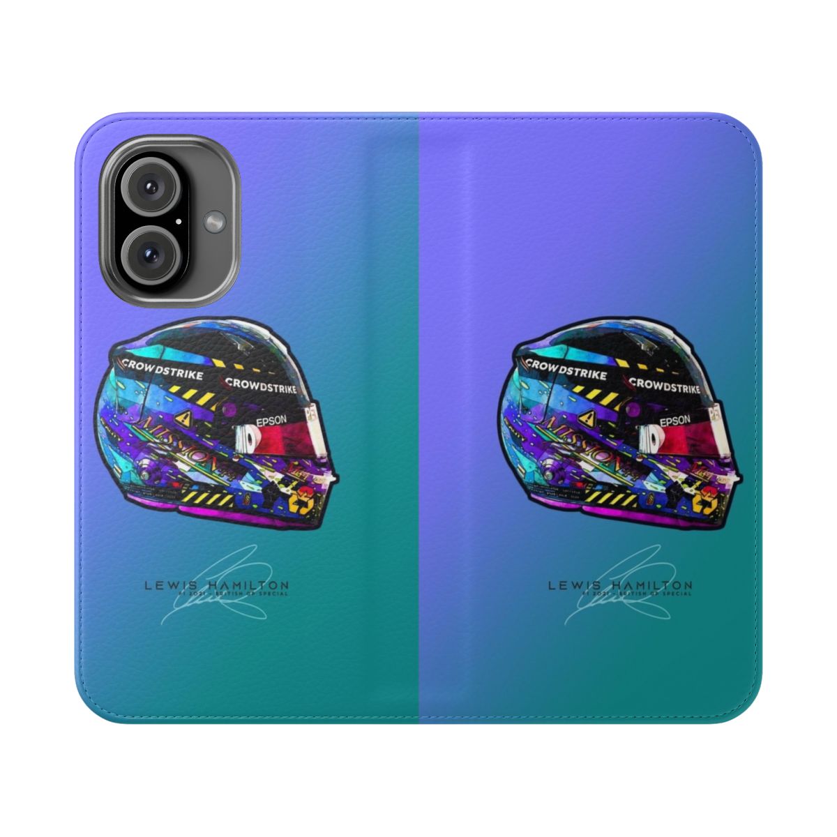 Flip cover phone case with British GP inspired Lewis Hamilton Mercedes helmet artwork