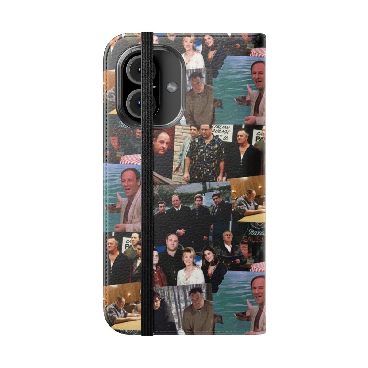 A vibrant collage-style phone case featuring iconic imagery from the beloved TV series, "The Sopranos". - Folded Front