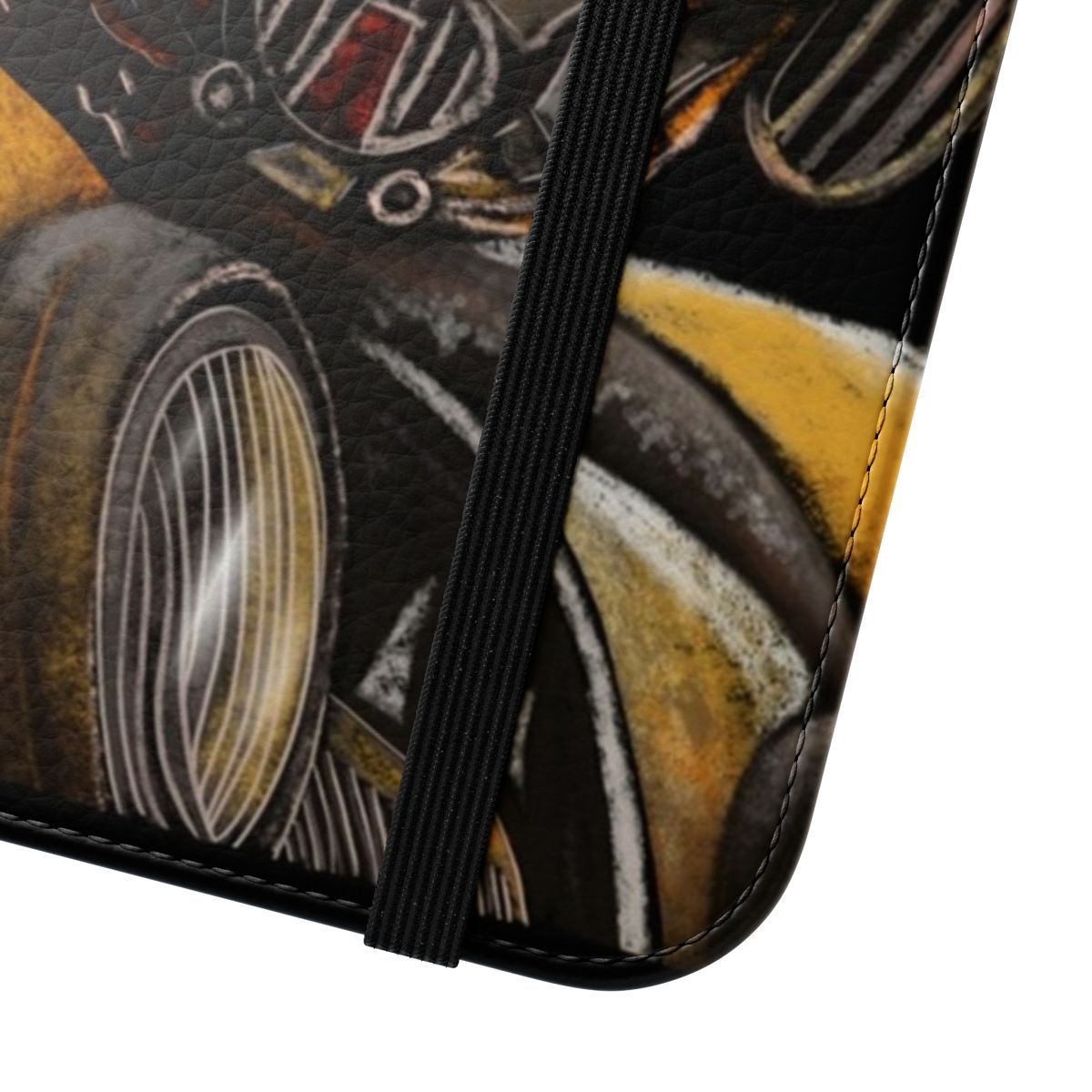 Bumblebee-themed flip cover phone case with digital illustration design - Close Up