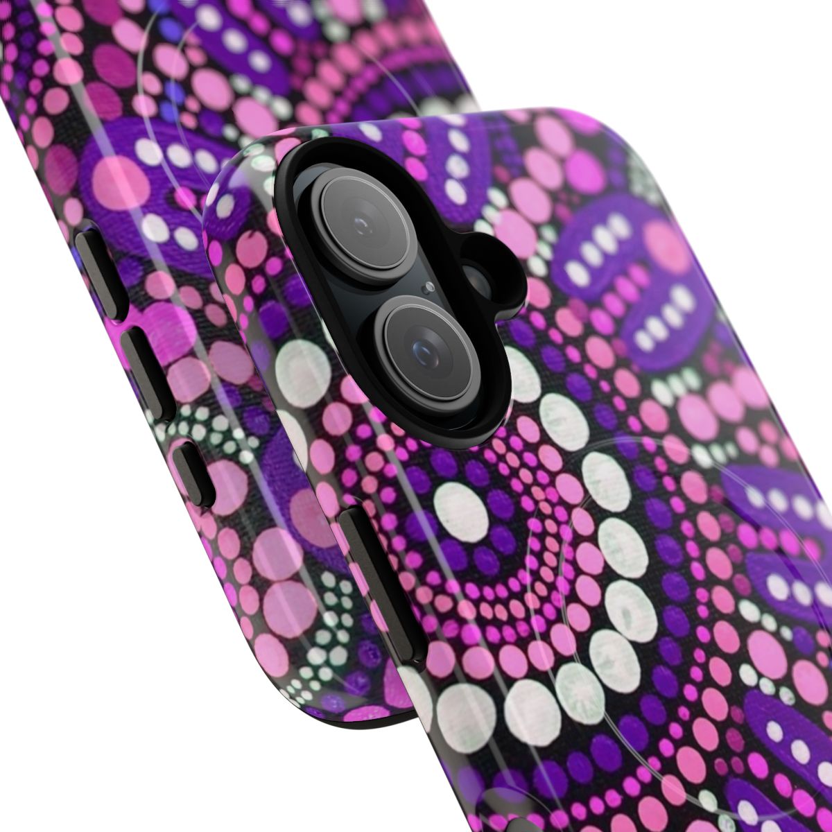 Colorful aboriginal art pattern phone case featuring a pink and white design - Detail