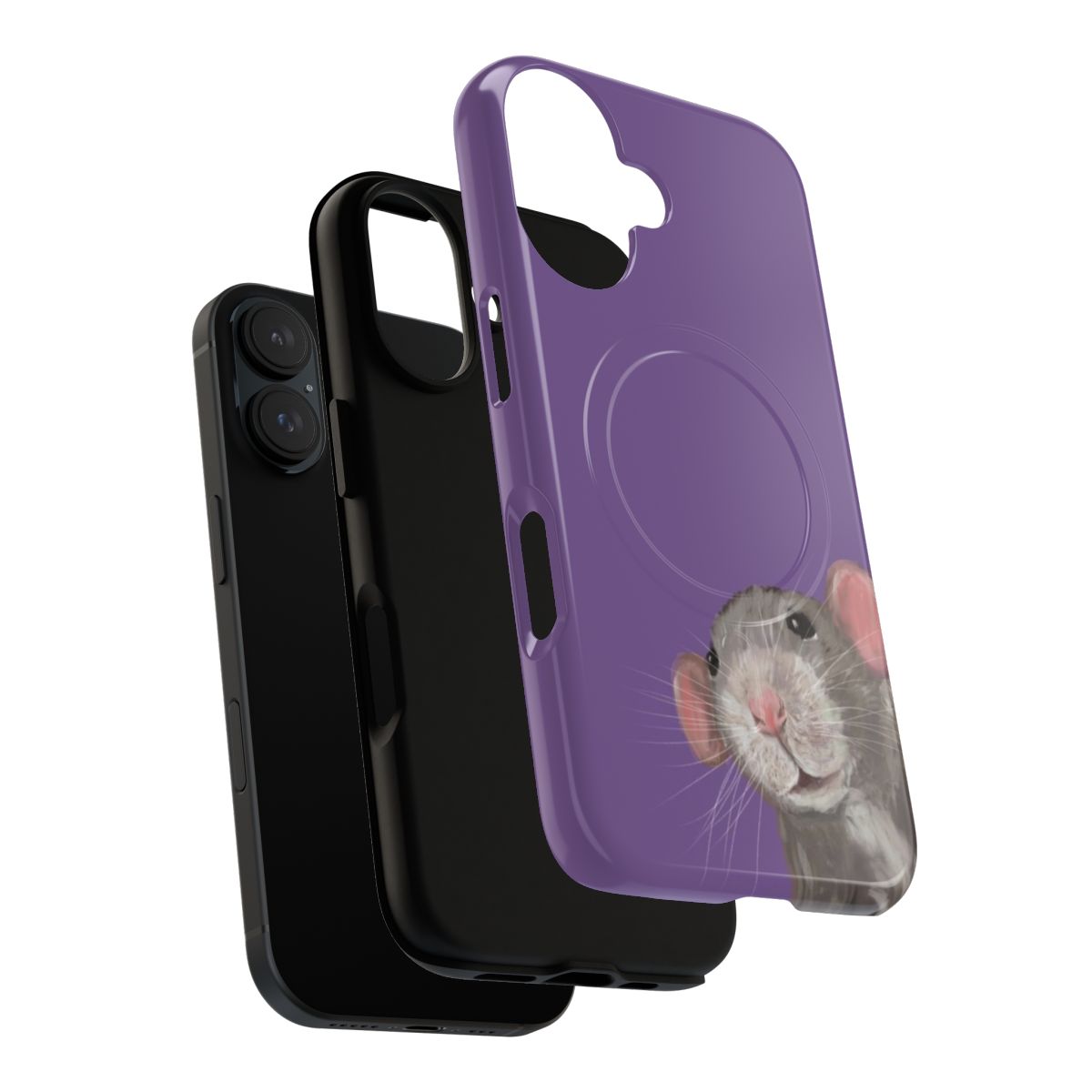 Closeup photo of a purple rat peeking out from a magnetic phone case - Layers