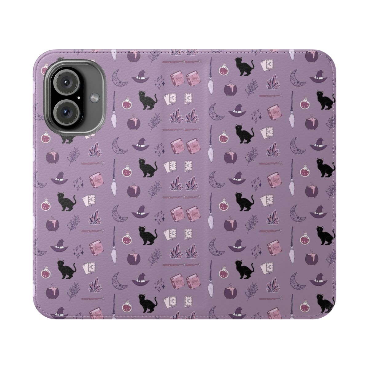 A sleek and stylish purple phone case with a witch and black cat design, perfect for Halloween and witchy aesthetics.