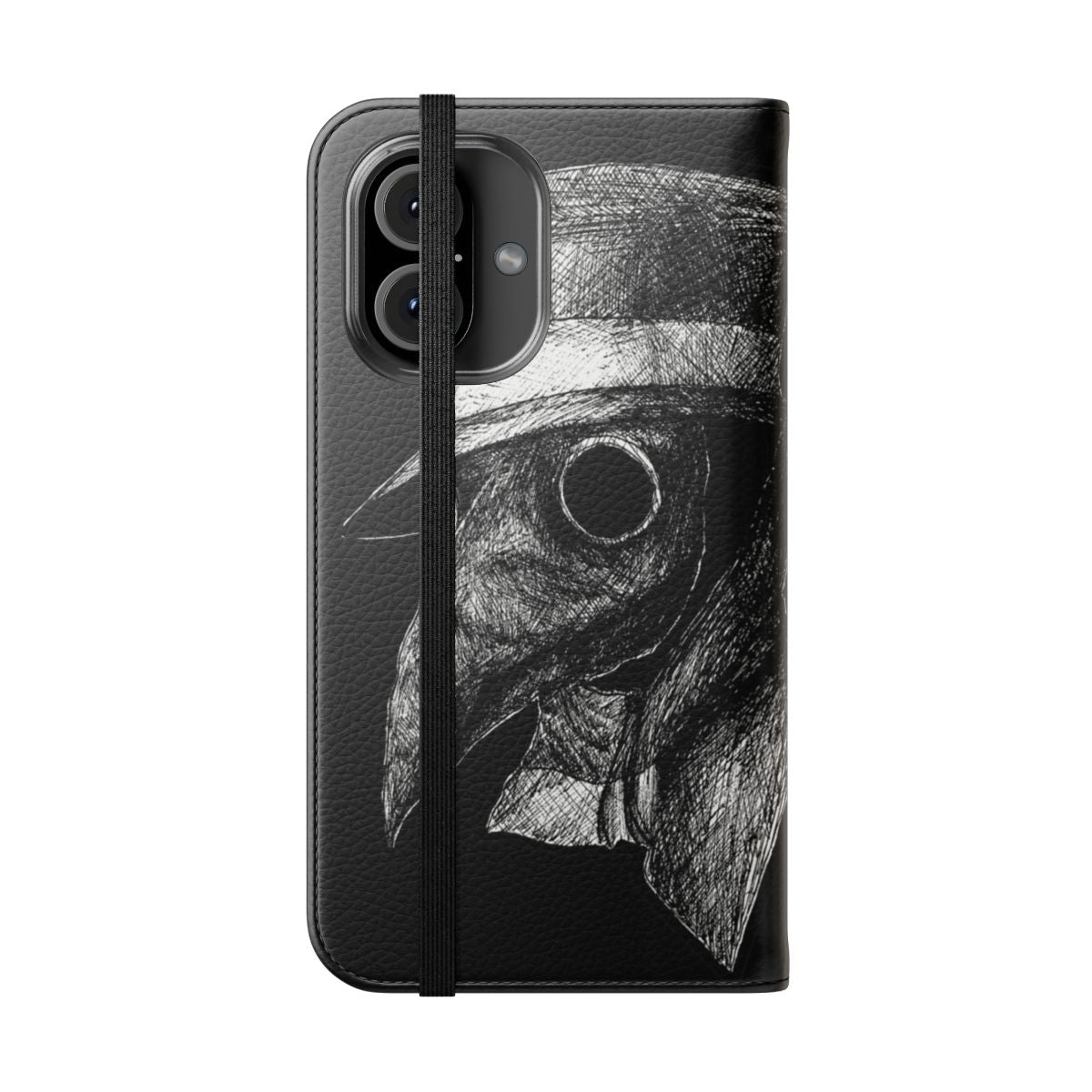 A black and white phone case cover with a plague doctor mask design, a gothic and spooky accessory. - Folded Front