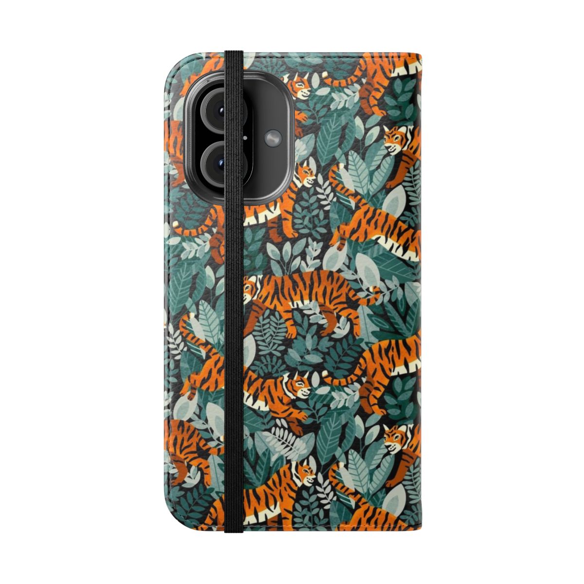 Colorful phone case featuring a detailed illustration of a Bengal tiger in a lush tropical jungle setting. - Folded Front