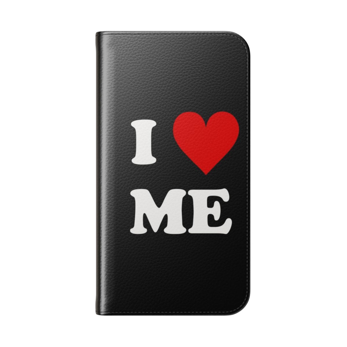 Heart-shaped flip phone case with "I Love Me" design - Folded Back