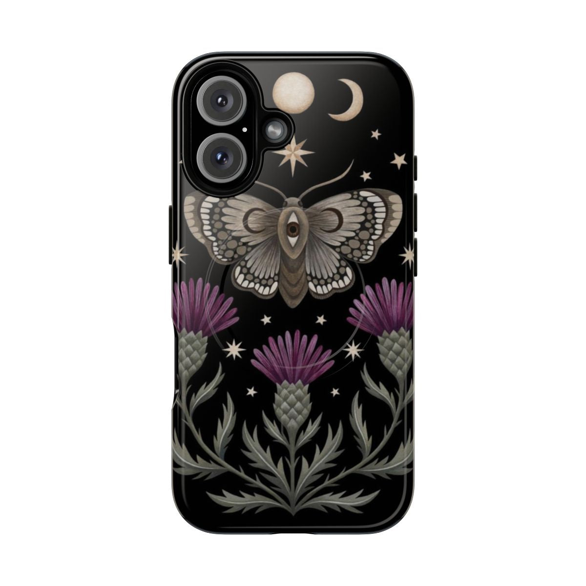 Thistle and moth phone case design featuring a magical, nocturnal moth and ornate thistles against a celestial moon and star-filled background