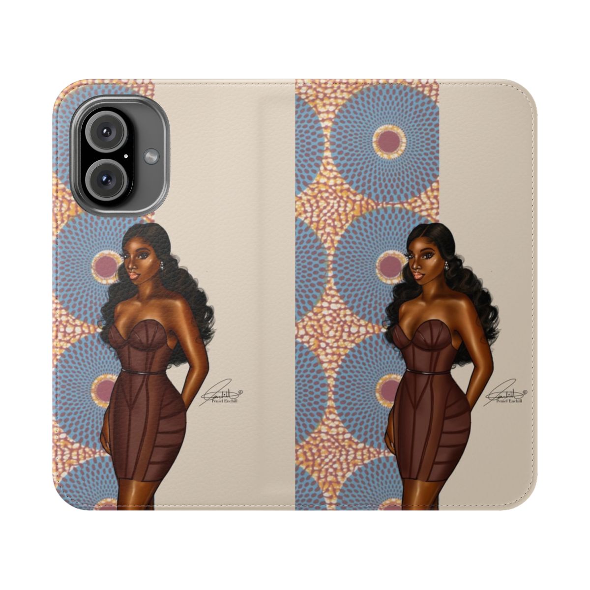 Melanin-inspired phone case featuring a fashion illustration with African-inspired elements