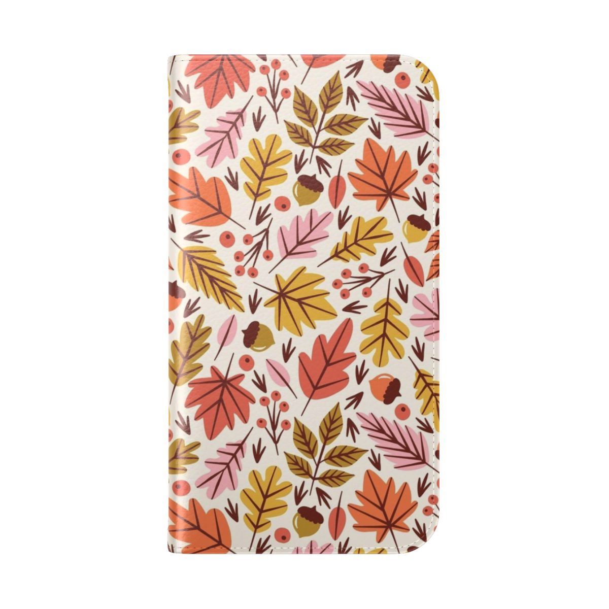 A phone case featuring a design of colorful autumn leaves and acorns against a pink and orange background. - Folded Back