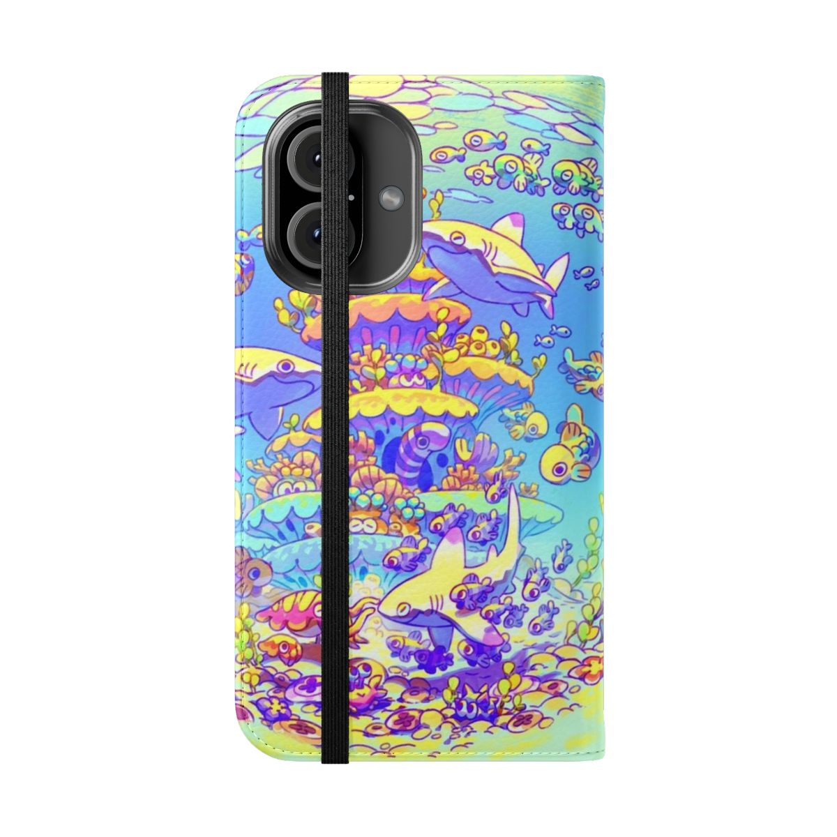 Vibrant and colorful flip cover phone case featuring a design with sharks and coral reef - Folded Front