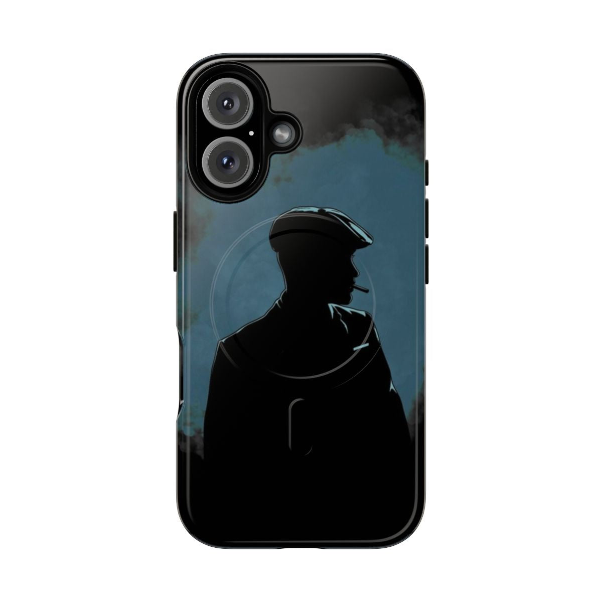 Peaky Blinders-inspired mobile phone case featuring a smoker silhouette in a night suit