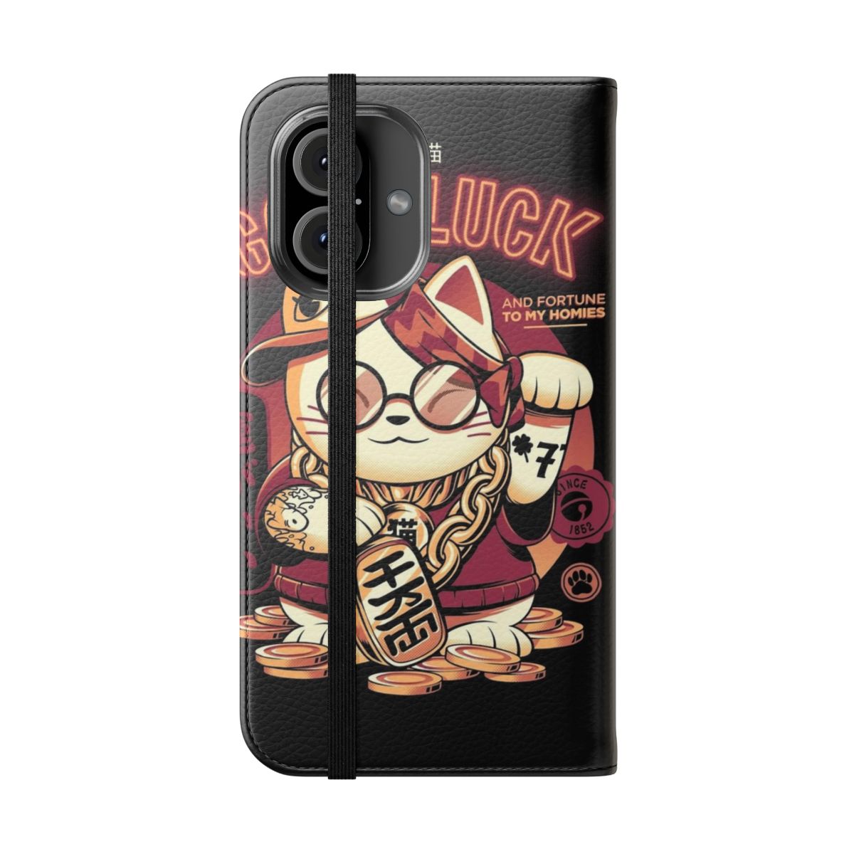 Stylish flip cover phone case featuring a lucky maneki neko cat design - Folded Front