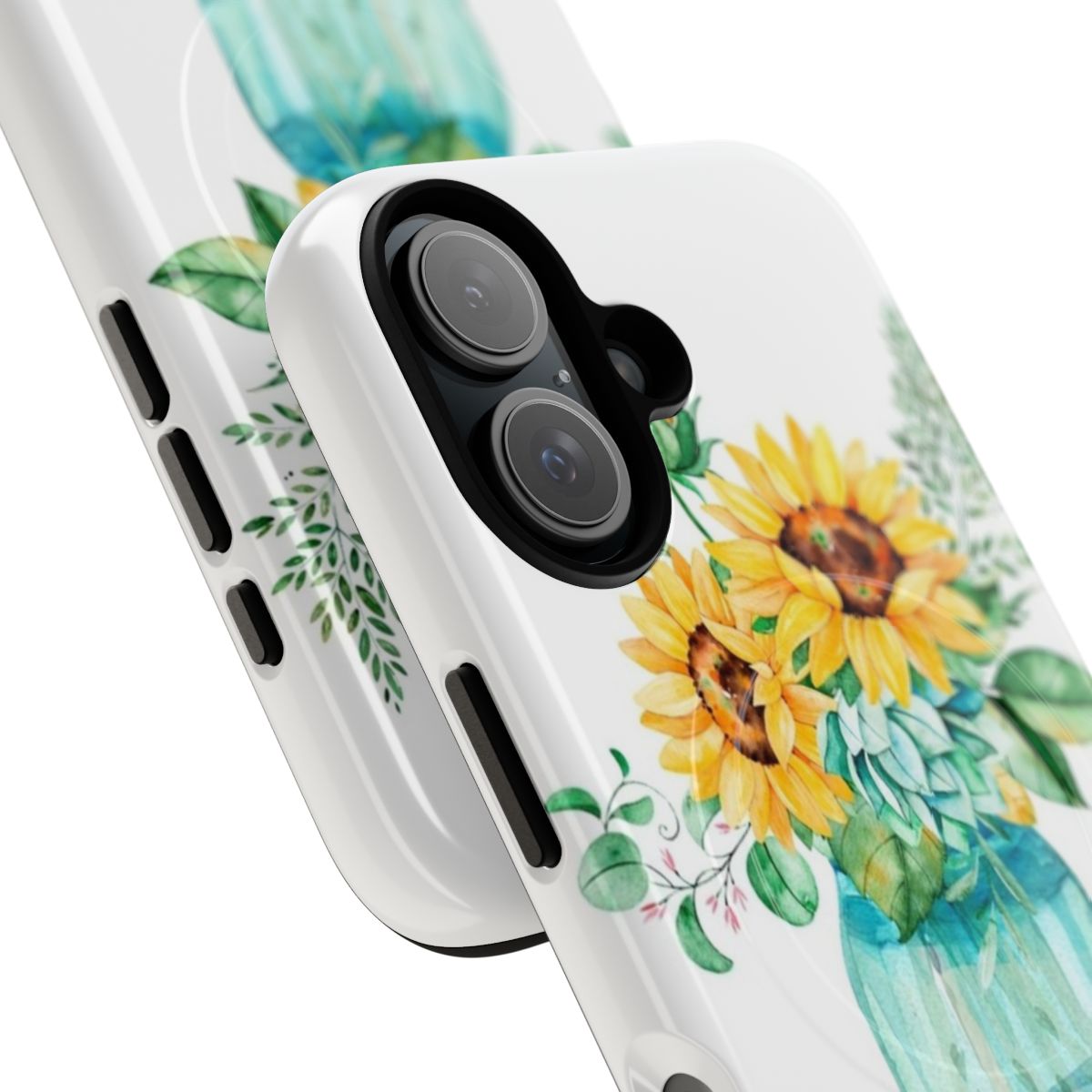 Vibrant watercolor sunflower and mason jar artwork on a durable phone case. - Detail