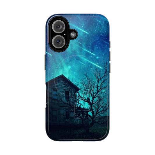 Haunted house phone case with starry night sky and cosmic backdrop